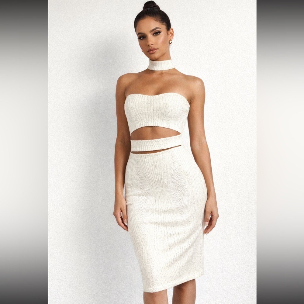 Privy Ivory Crochet Lace Cut Out Bodycon Midi Dress High Neck Choker S